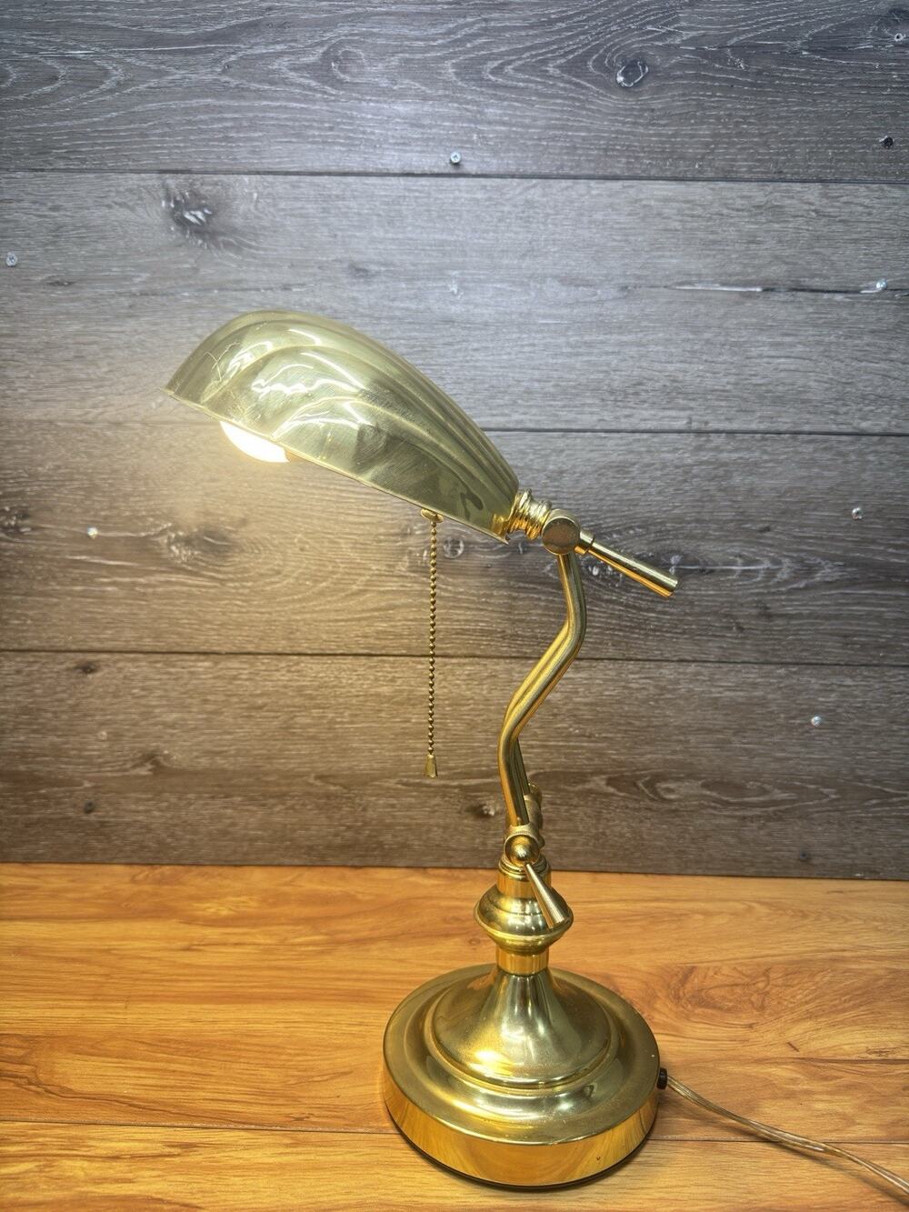Vintage Decorative Crafts Brass Desk Lamp Clam Shell Banker Style Adjustable